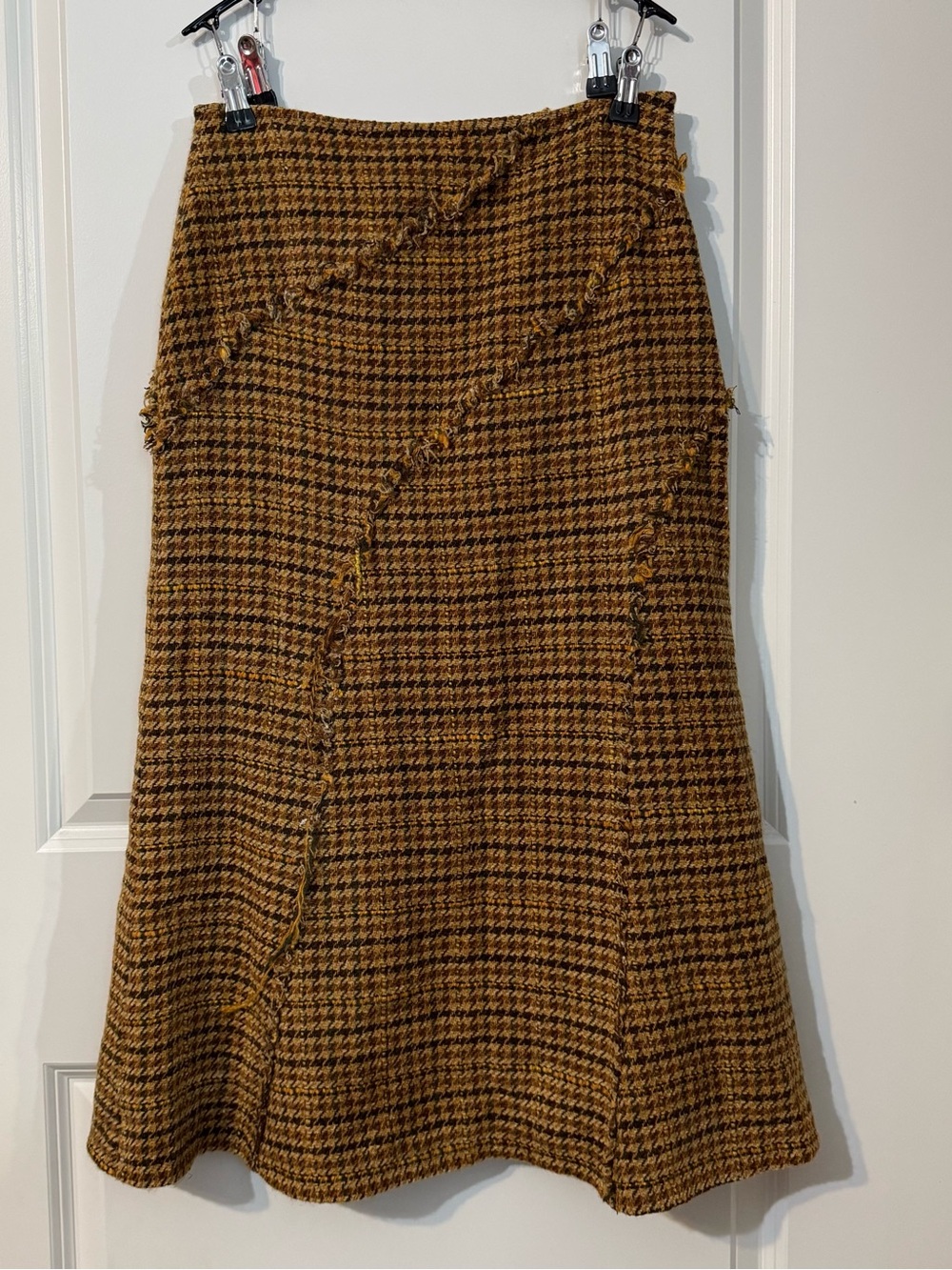 Elliott Lauren Houndstooth Tweed A-Line Skirt Brown Wool Blend Fringe Detail